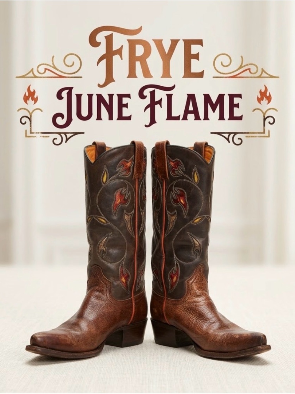 Frye June Flame Tall Leather Western Cowboy Boots Brown Flame Inlay Sz 7M